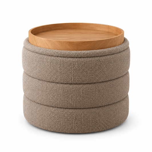 Round Taupe Storage Ottoman Table