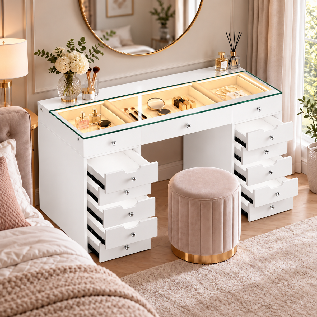 White Glass Top Dressing Table with Illuminated Storage