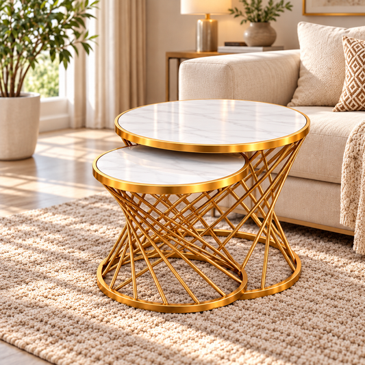The Grange Round Nest of Tables – Gold & White Marble Effect