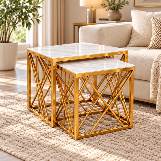 The Grange Square Nest of Tables – Gold & White Marble Effect