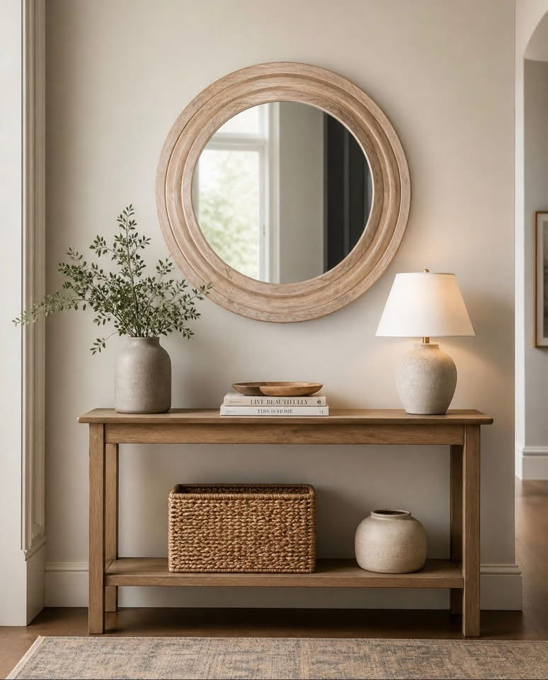 Round Natural Wood Effect Wall Mirror