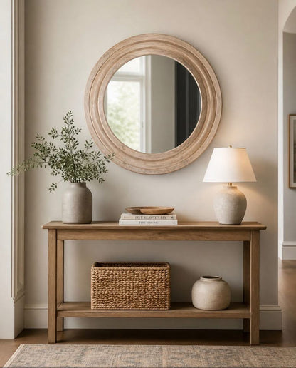 Round Natural Wood Effect Wall Mirror