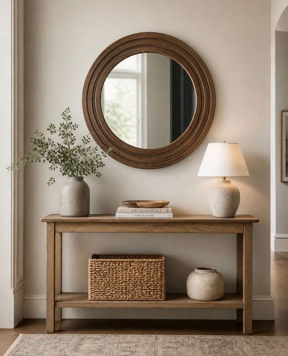 Round Dark Wood Effect Wall Mirror