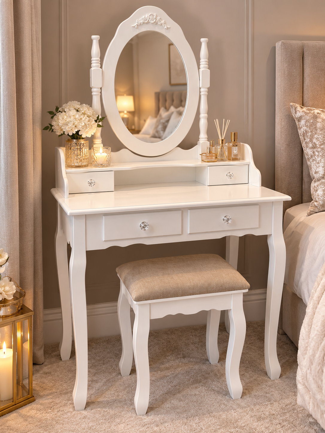 Elegant White Dressing Table & Stool Set