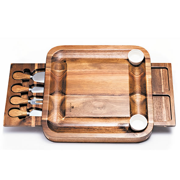 NEWGRANGE LIVING CHEESE BOARD RECTANGULAR WITH 2 DISHES & 4 KNIVES