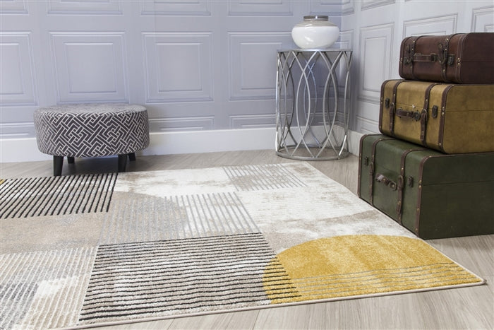 Abstract modern rug with black, grey, cream and mustard 